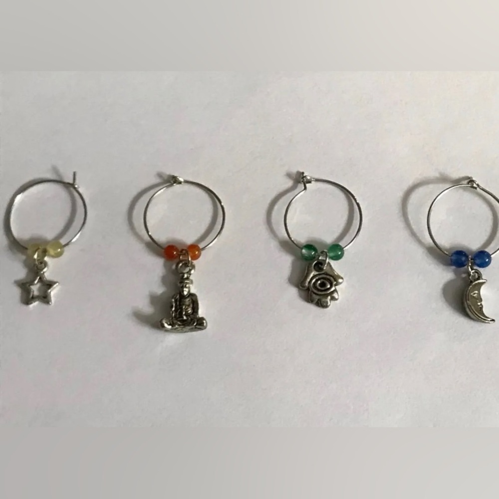 4 PC Spiritual Celestial Wine Charm Ring Silver Plated Set Buddha Moon Star Hand